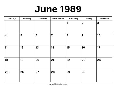 June 1989 Calendar